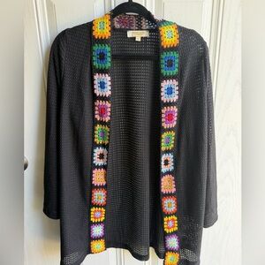Rebellion Black Crochet-Trim Open Cardigan with Multicolor Granny Squares